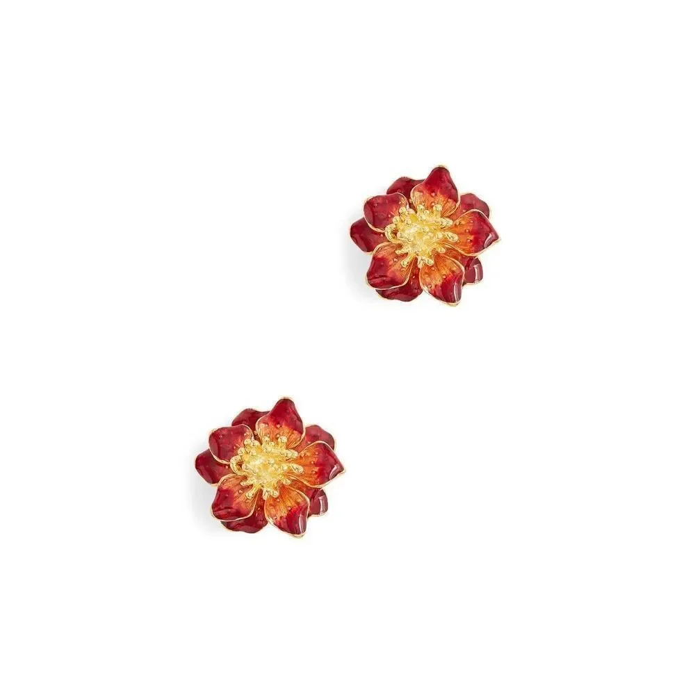 KENNET JAY LANE Gold Burgundy Enamel Flower Clip Earrings - Picture 3 of 4